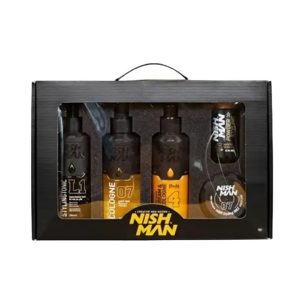 GIFT BOX CUIDADO PERSONAL DORADO CAJA DE REGALO (TONIC L1, AFTER SHAVE COLONIA GOLD ONE 07, AFTER SHAVE CREMA Y COLONIA 04, CERA 07 GOLD ONE AQUA WAX, POWDER STYLING P5) MIX