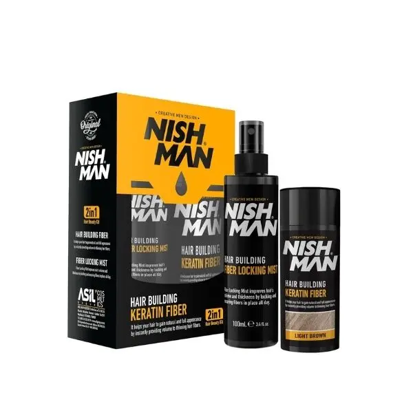HAIR BUILDING KERATIN POWDER FIBER & LOCKING MIST SPRAY SET // DARK BROWN KIT 2 EN 1 DE FIBRA EN POLVO DE QUERATINA PARA MAQUILLAJE CAPILAR + SPRAY FIJADOR DE LA FIBRA EN POLVO 20Gr + 100 ML 