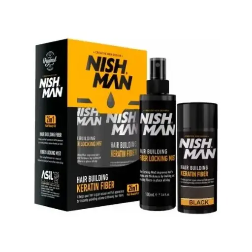 HAIR BUILDING KERATIN POWDER FIBER & LOCKING MIST SPRAY SET BLACK KIT 2 EN 1 DE FIBRA EN POLVO DE QUERATINA PARA MAQUILLAJE CAPILAR + SPRAY FIJADOR DE LA FIBRA EN POLVO 20Gr + 100 ML