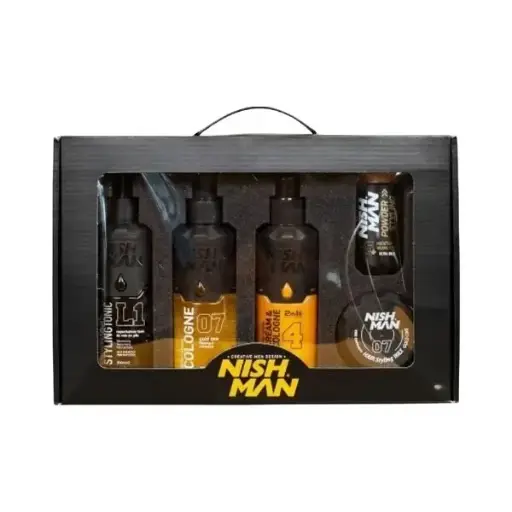 GIFT BOX CUIDADO PERSONAL DORADO CAJA DE REGALO (TONIC L1, AFTER SHAVE COLONIA GOLD ONE 07, AFTER SHAVE CREMA Y COLONIA 04, CERA 07 GOLD ONE AQUA WAX, POWDER STYLING P5) MIX